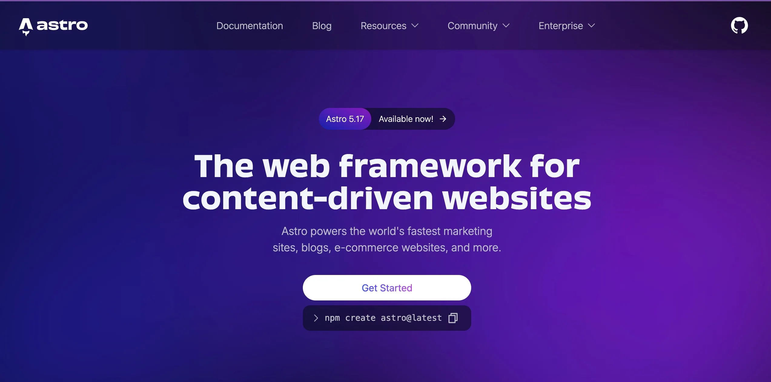 Astro's homepage, showing you can get started with just a single command.